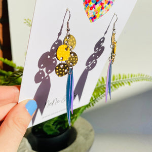 Wattle - Navy Lilac Yellow - Leather Earrings