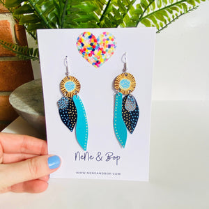 Buds and Leaves - Blue/Gold - Leather Earrings