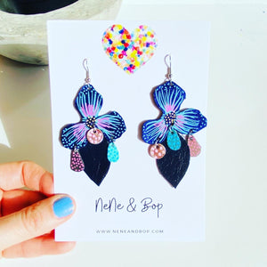 Painted Pansy - Navy - Leather Earrings