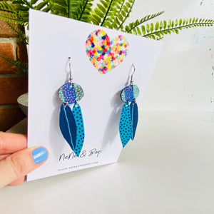 Buds and Leaves - Blue - Leather Earrings