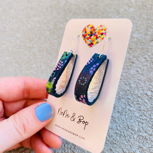 Loopy Lu - Navy Meadow Silver Short Hooks   - Leather Earrings