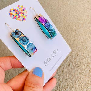 Loopy Lu - Blue Florals Short Hooks   - Leather Earrings