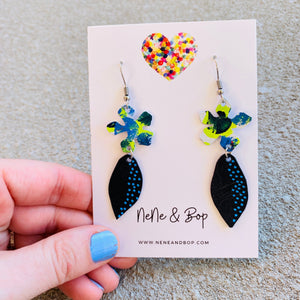 Bloom Leaves - Navy Citrus - Leather Earrings