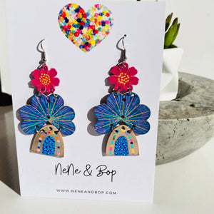 Sunshine and Rainbows - Pink Floral/ Blue - Leather Earrings
