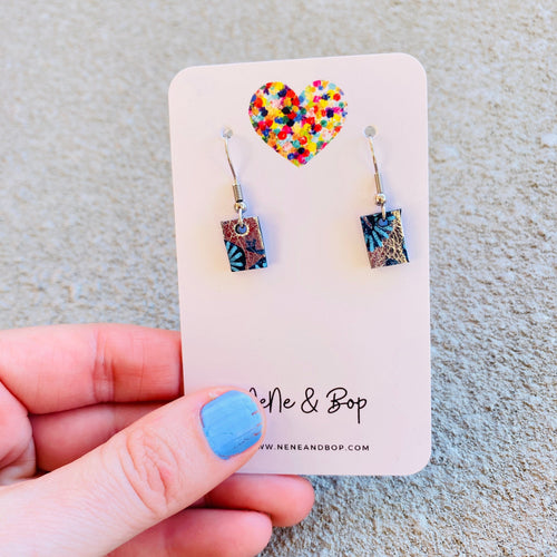 Mini Cubes - Blue - Leather Earrings