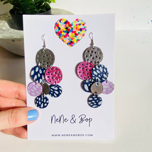 Pebbles - Silver/Navy/Pink - Mega - Leather Earrings