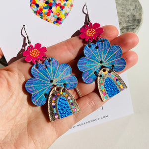 Sunshine and Rainbows - Pink Floral/ Blue - Leather Earrings