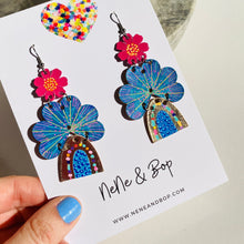 Load image into Gallery viewer, Sunshine and Rainbows - Pink Floral/ Blue - Leather Earrings