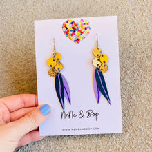 Load image into Gallery viewer, Wattle - Navy Lilac Yellow - Leather Earrings