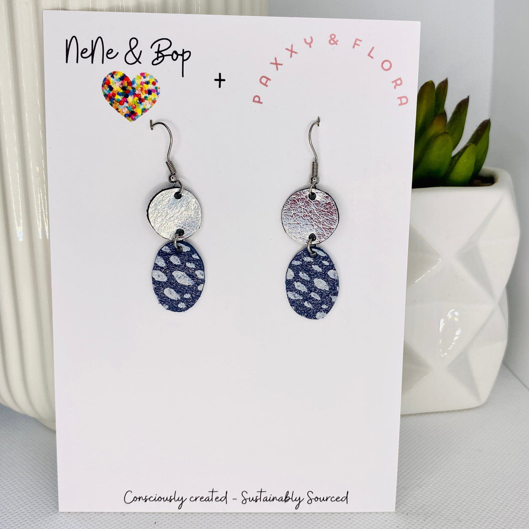 Double Drops Silver/Navy - P&F x N&B Collaboration - Leather Earrings