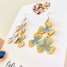 Load image into Gallery viewer, Triple Pansy Drops - Blue - Leather Earrings