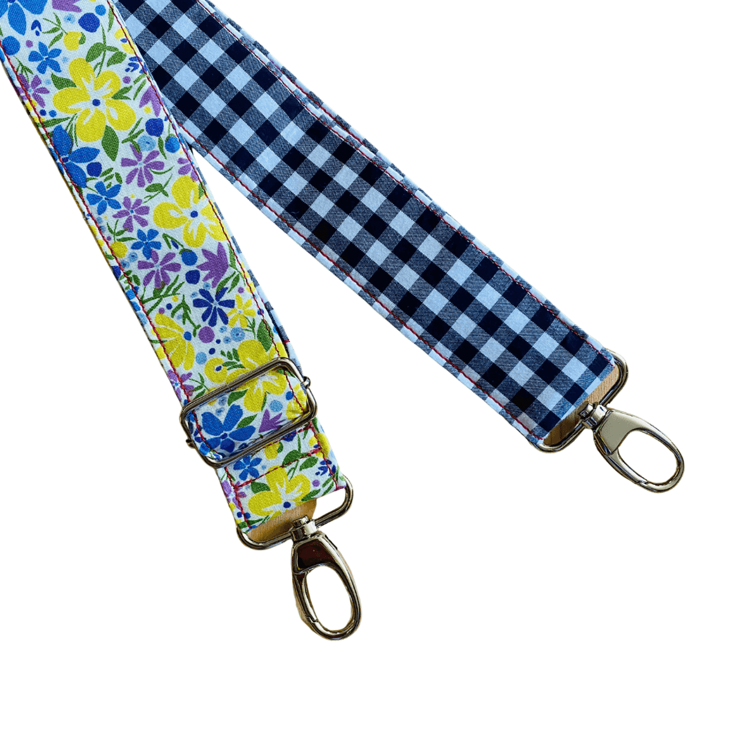 Liberty lilacs and Navy Gingham - Adjustable Shoulder Strap