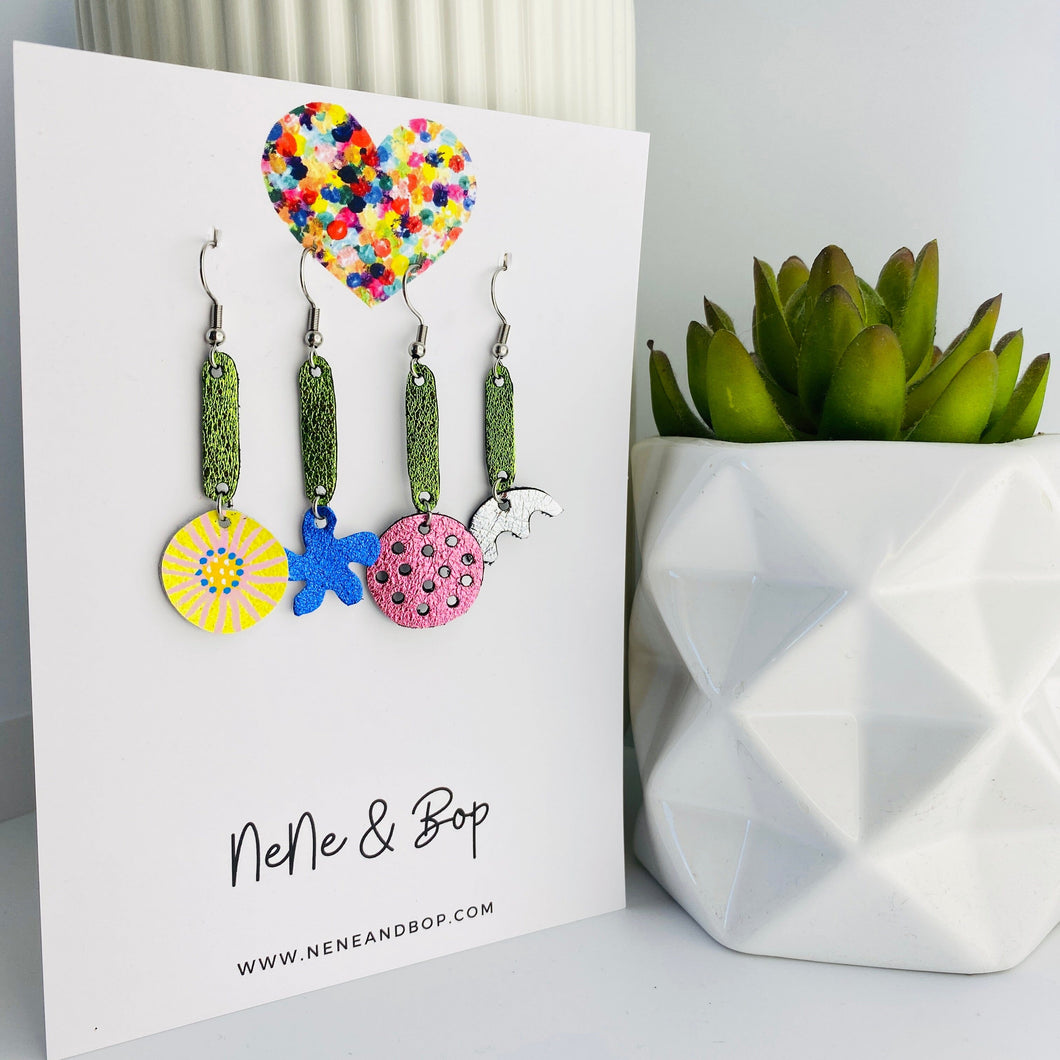 Floral Mix 'n' Match - Yellow/Blue/Pink/Silver - Leather Earrings