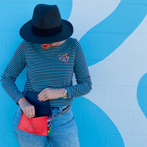 Rainbow Heart Embroidered - Long Sleeve - Blue Striped T'Shirt