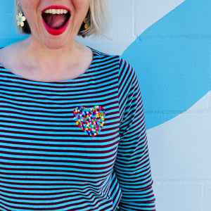 Rainbow Heart Embroidered - Long Sleeve - Blue Striped T'Shirt