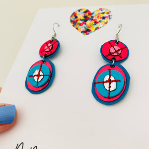 Double Stitched Gems - - Red/Blue Leather Earrings