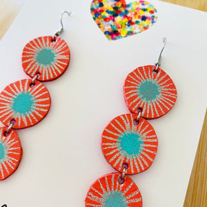 Triple Gems - Coral/Mint - Leather Earrings