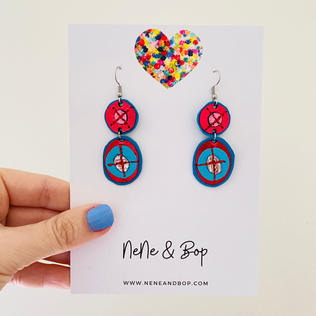 Double Stitched Gems - - Red/Blue Leather Earrings