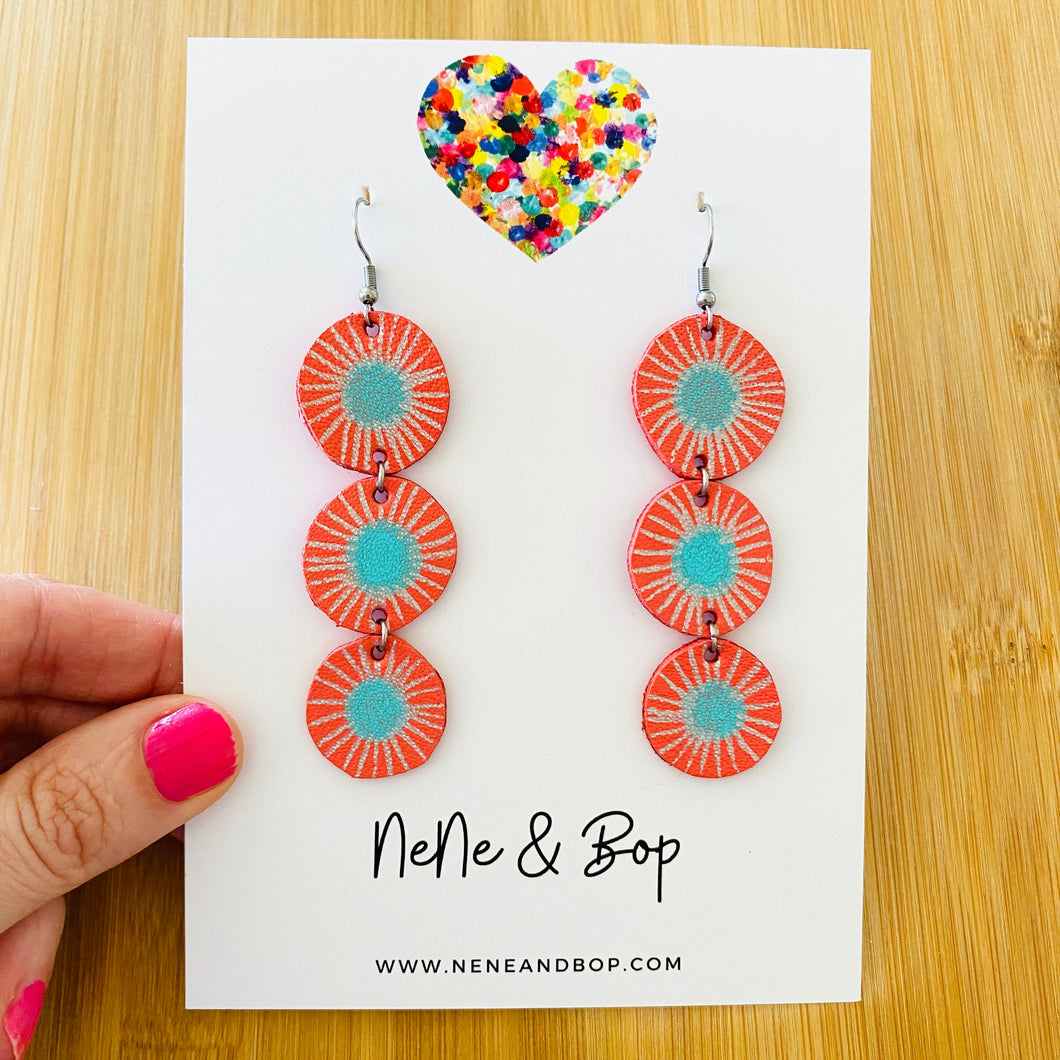 Triple Gems - Coral/Mint - Leather Earrings