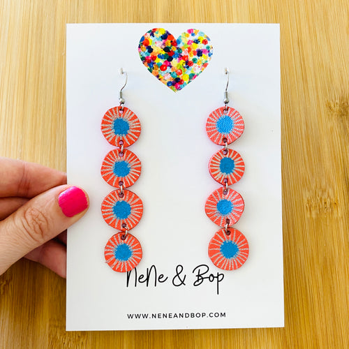 Quad Gems - Coral/Blue - Leather Earrings