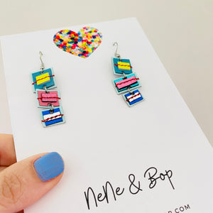 Triple Gems Stitched - Candy - Leather Earrings