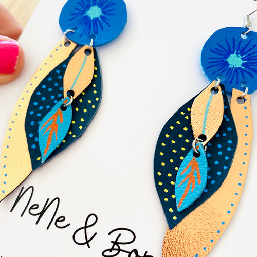 Bud and Leaves - Blue/Rose Gold - Leather Earrings