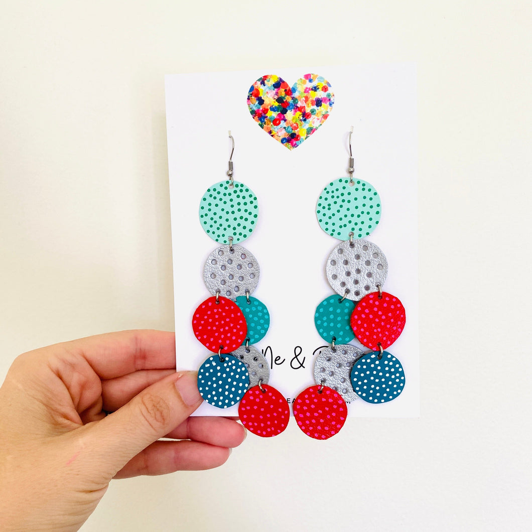 Rainbow Mega Green/Red/Silver - Leather Earrings
