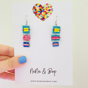 Triple Gems Stitched - Candy - Leather Earrings